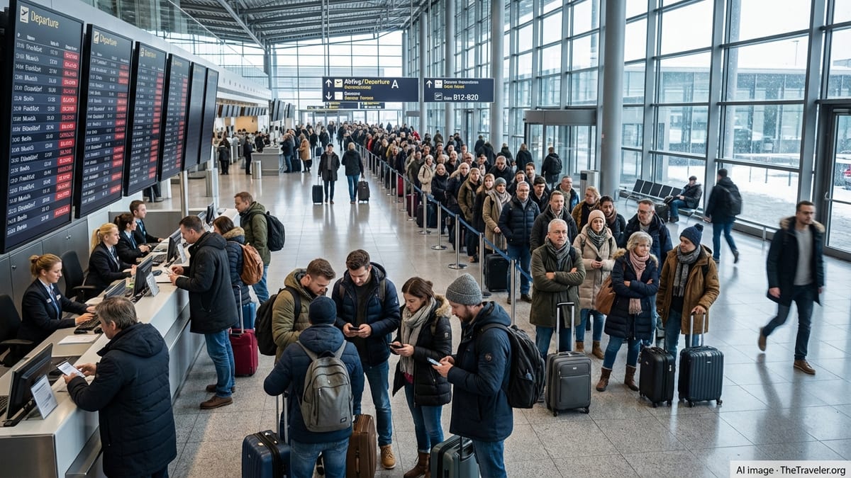 Crowds of passengers queue under departure boards showing flight delays at a busy German airport.