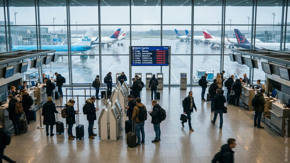 Passengers at a German airport check cancelled flights to major European and US hubs.