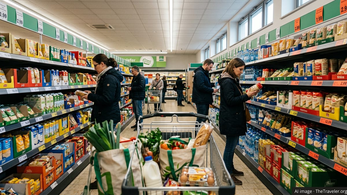 Shoppers selecting groceries in a German discount supermarket aisle with visible euro price labels.