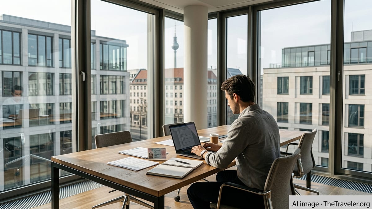 Self-employed expat working on visa paperwork in a Berlin coworking space.