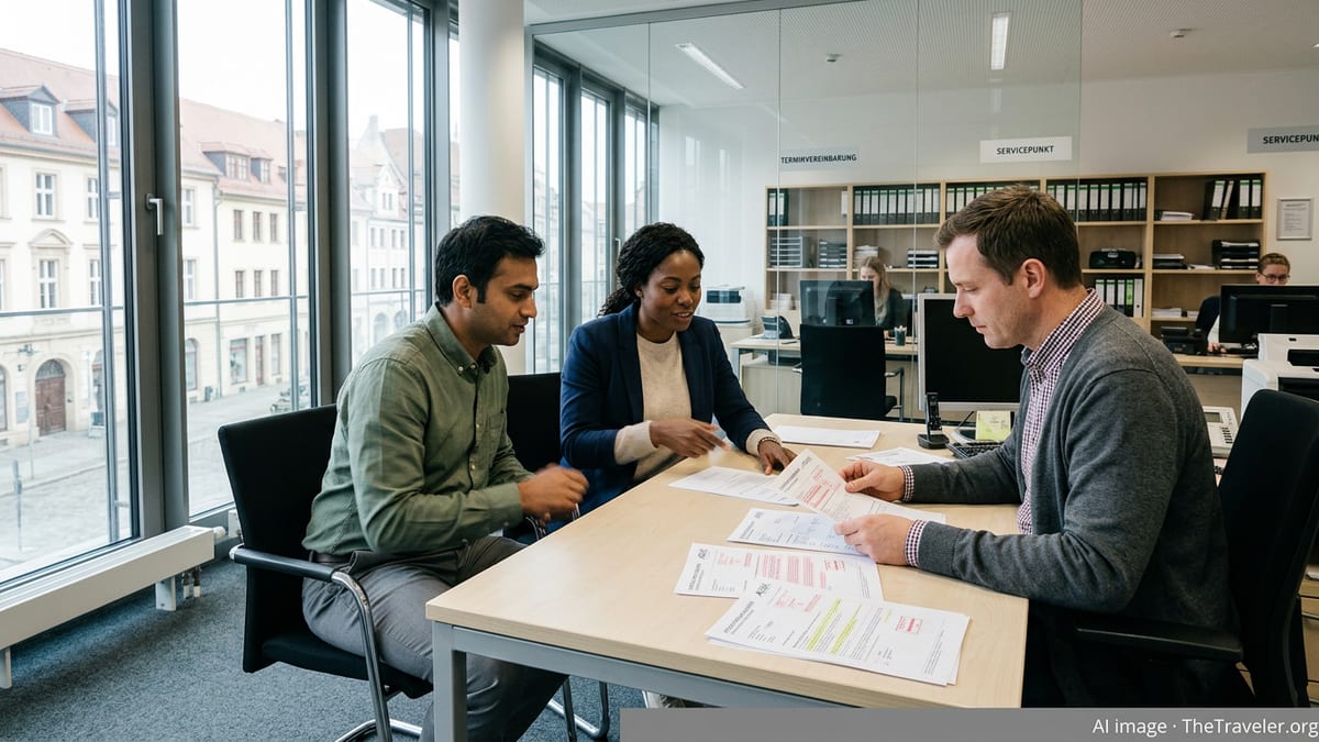 International couple reviewing German health insurance documents with an official in a modern city office.