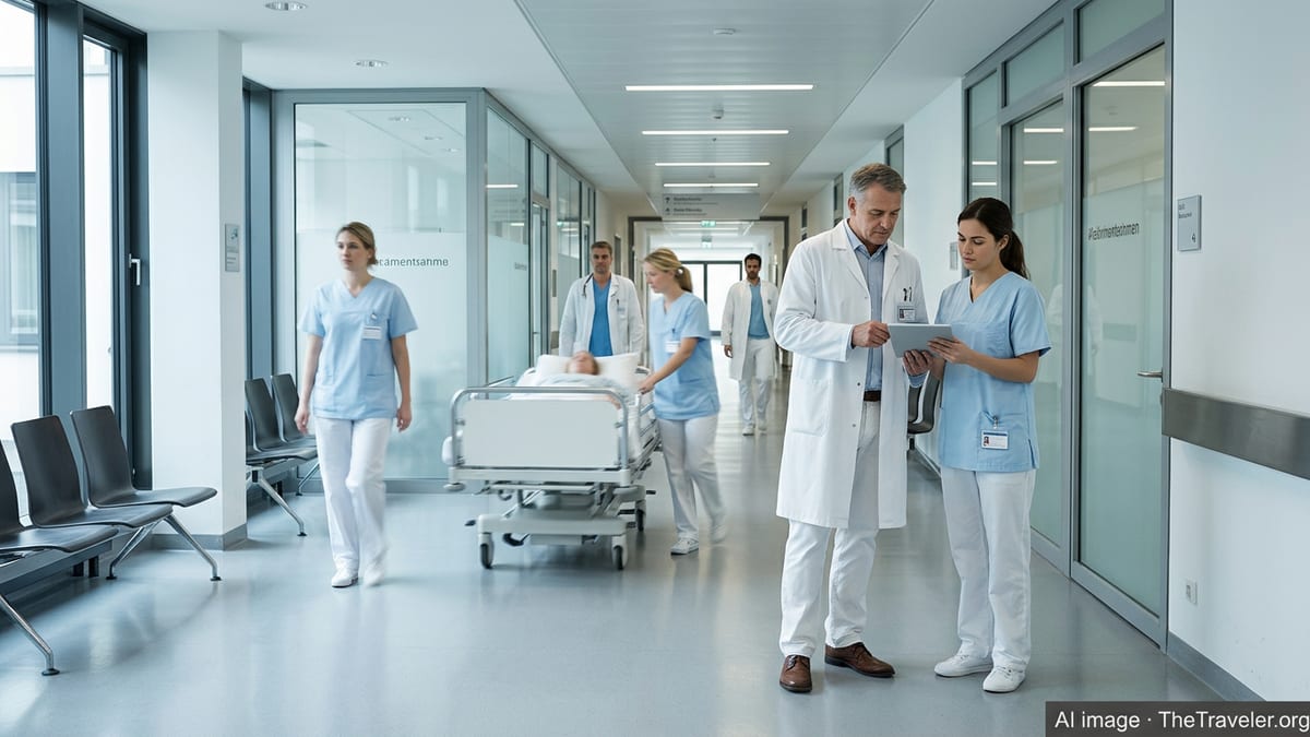 Doctors and nurses walk through a bright corridor of a modern German hospital.