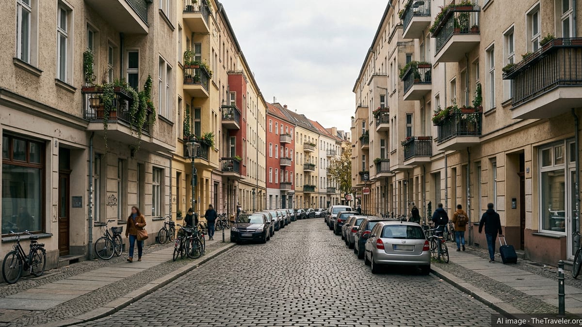 Berlin residential street with older apartment buildings and parked cars under cloudy skies.