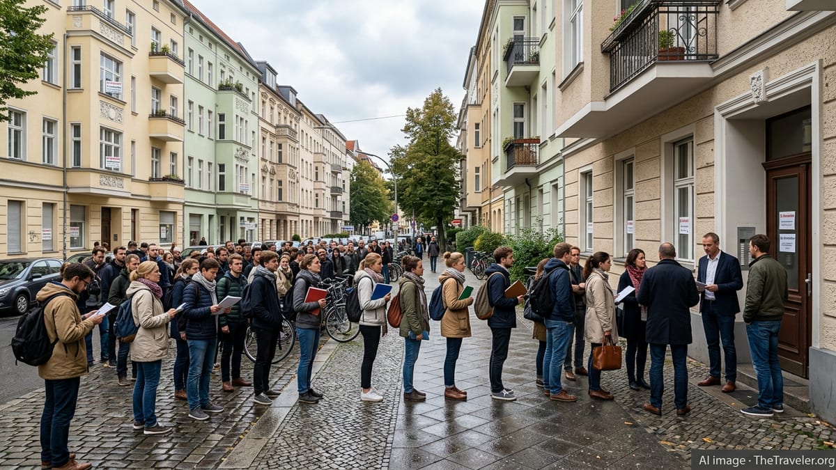 Queue of people with documents outside German apartment building with Zu Vermieten signs.