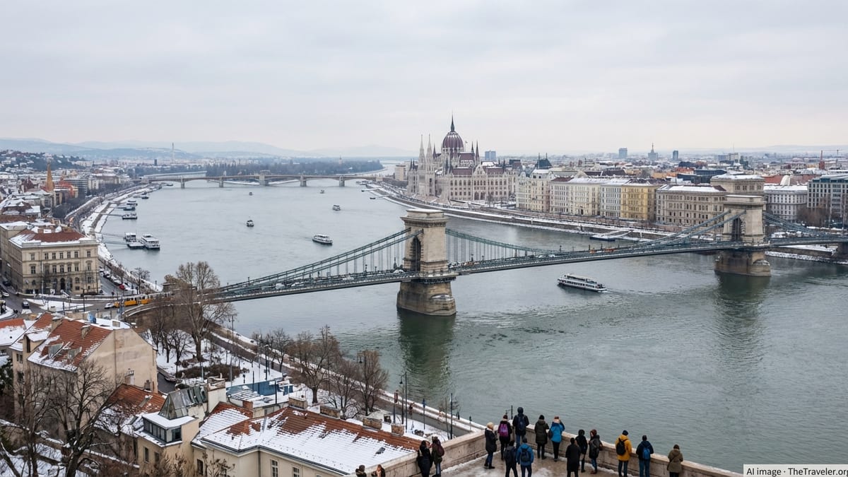 Aerial winter view of Budapest with the Parliament, Chain Bridge and the Danube River.