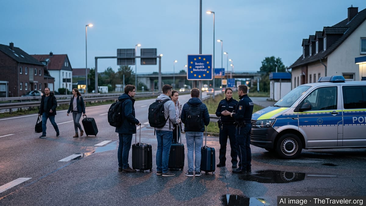 German police officers checking travelers at a roadside border control point at dusk.