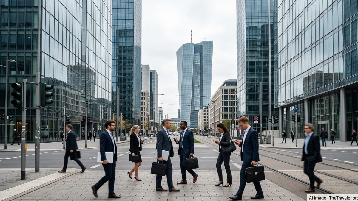 Foreign professionals walking through Frankfurt’s financial district near modern glass office towers.