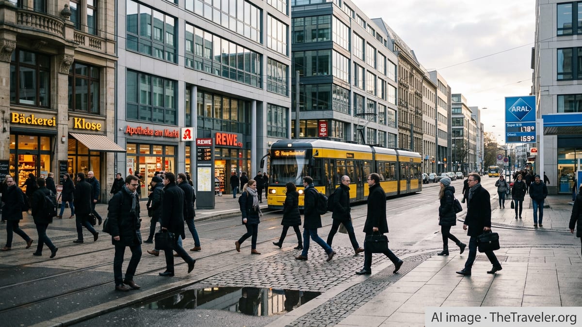 Busy German city street with tram, office workers, and visible shop price boards at dusk.