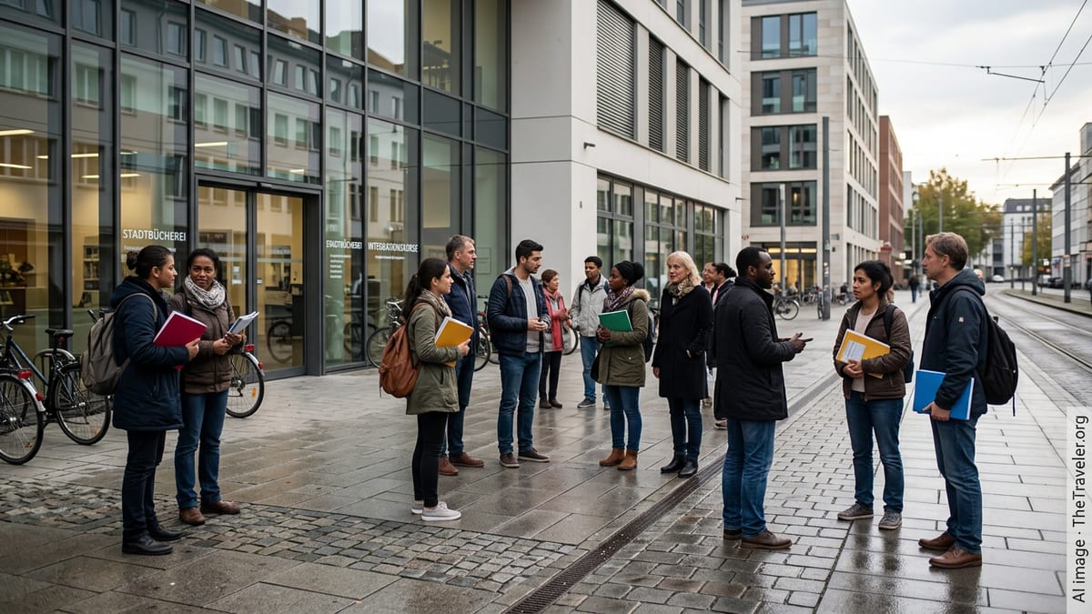 Diverse group of people leaving a German integration course building in a modern city plaza.