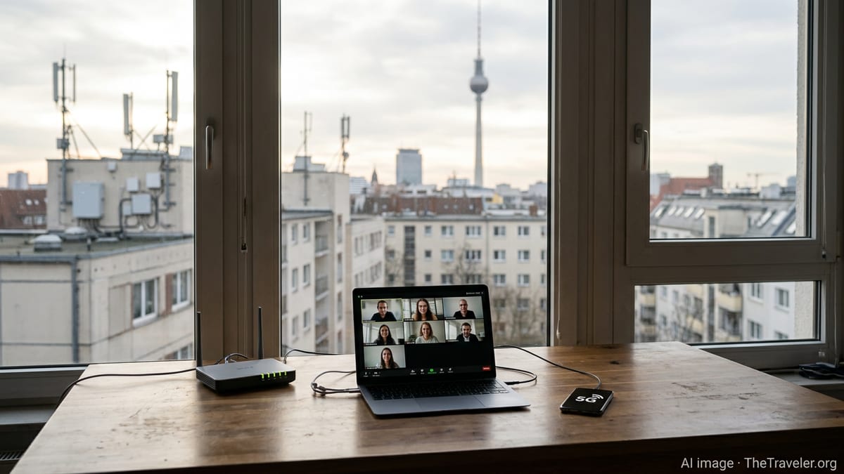 Modern German apartment desk with laptop and Wi-Fi router overlooking Berlin city skyline