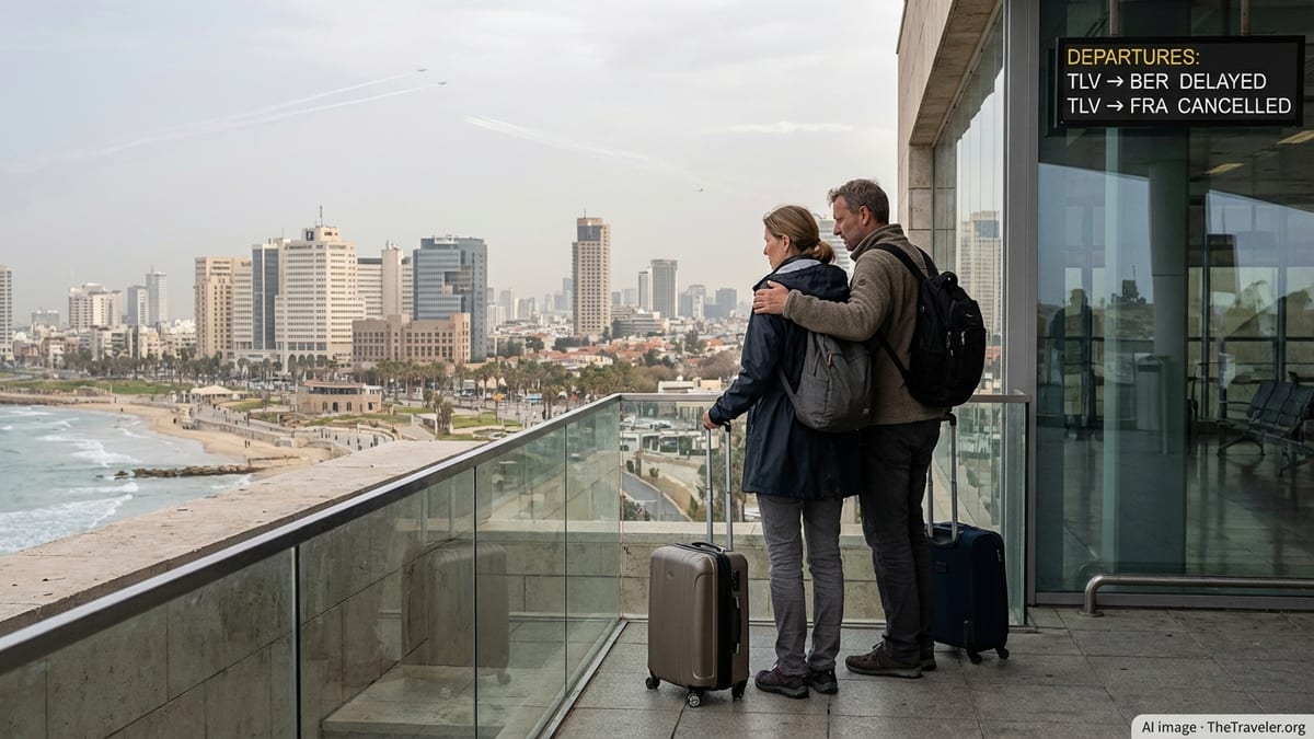 German travelers with luggage overlooking Tel Aviv skyline under hazy sky amid heightened security tensions.