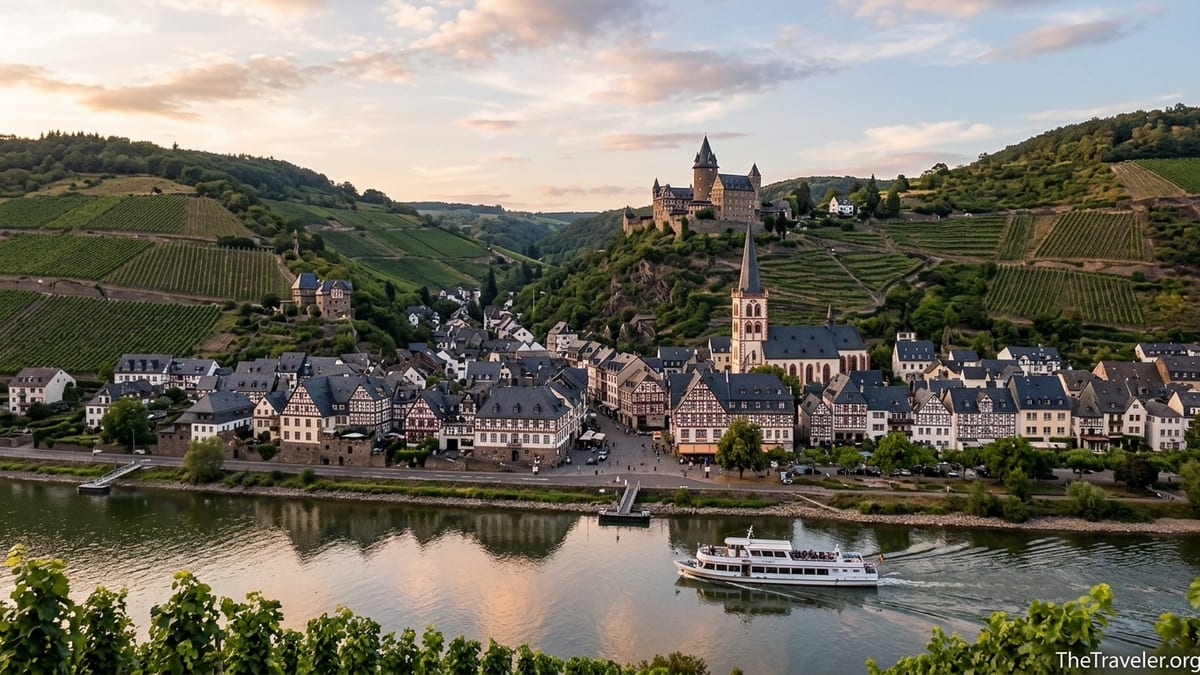 Riverside German town on the Rhine with castle, vineyards and riverboat at sunset