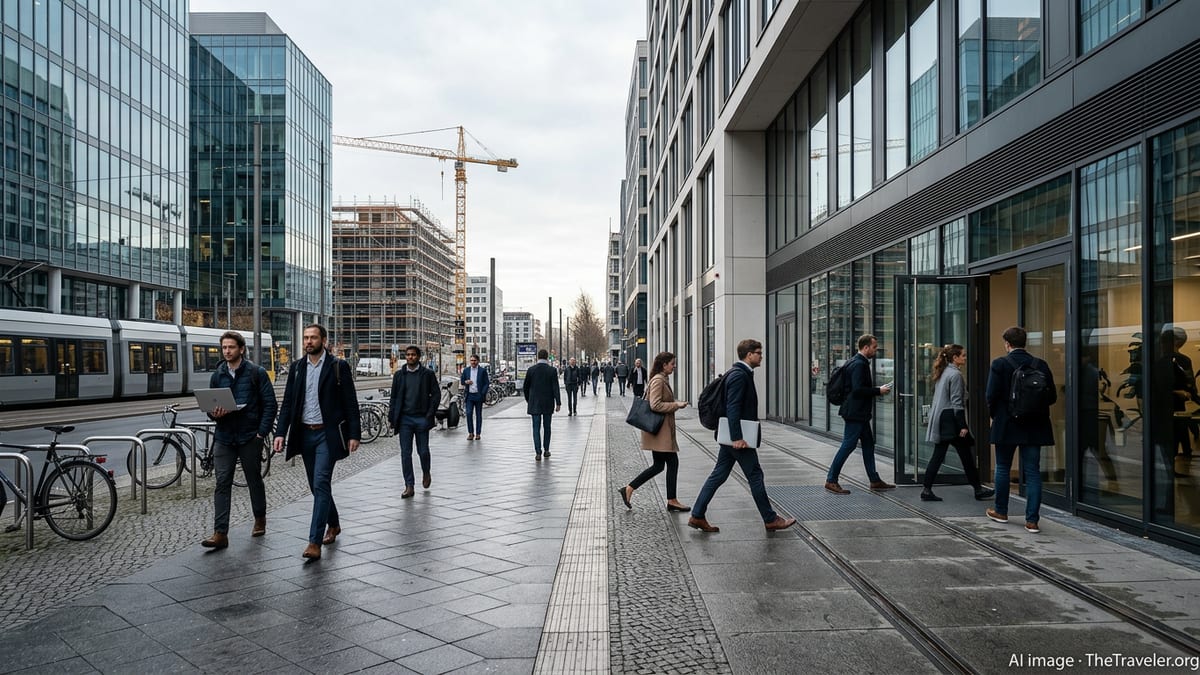 Morning commuters outside modern office buildings in central Berlin business district.