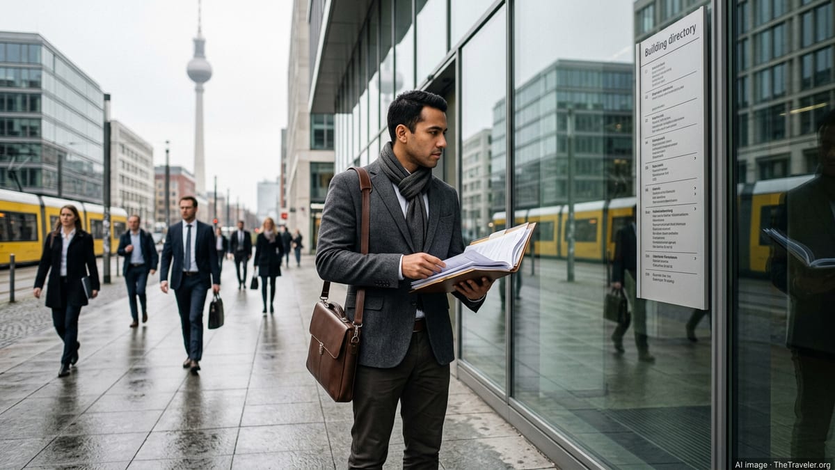 Professional job seeker standing by a modern glass office building in Berlin on an overcast day.