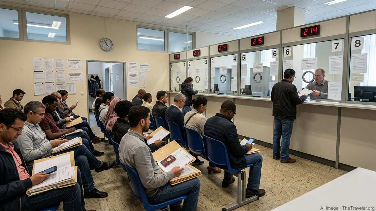Foreigners waiting with documents at a busy German immigration office.