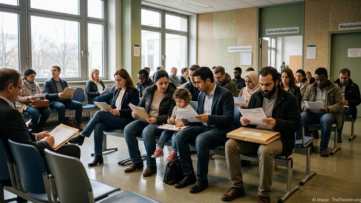 People waiting with documents in a German immigration office waiting area.