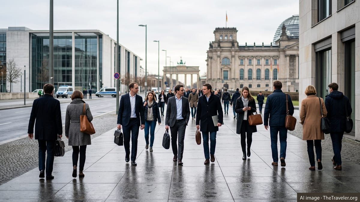 Central Berlin government district with diverse office workers walking near parliament buildings on an overcast day.
