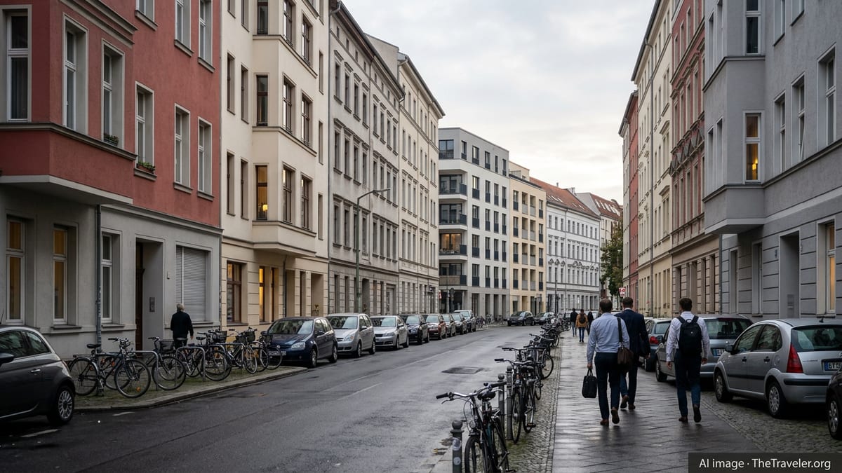 Residential street in Berlin with apartment buildings and pedestrians after rain