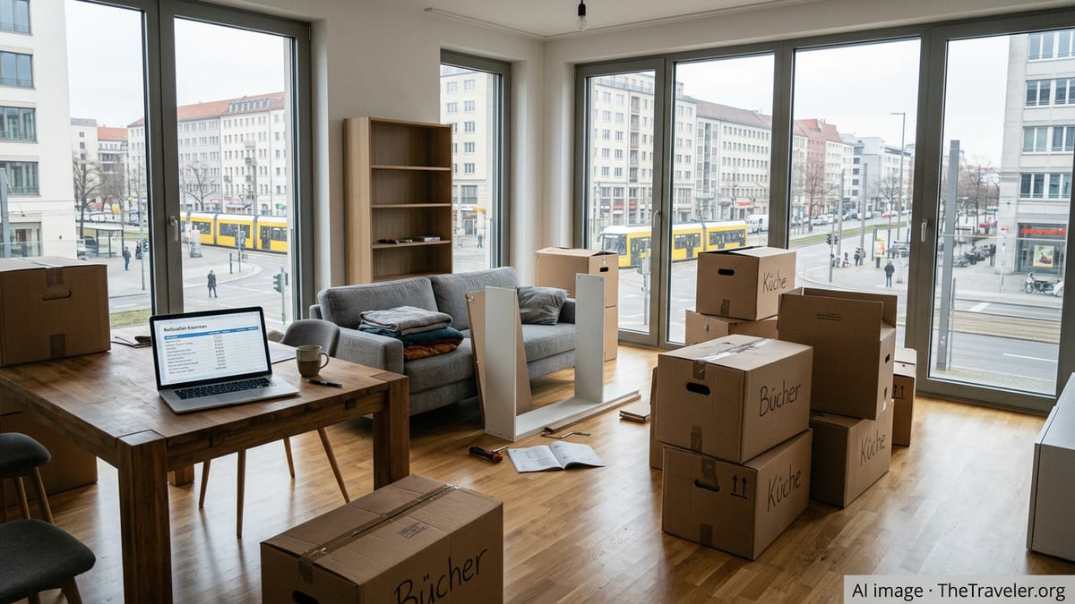 Partly furnished German city apartment with moving boxes and a laptop showing a relocation budget spreadsheet.