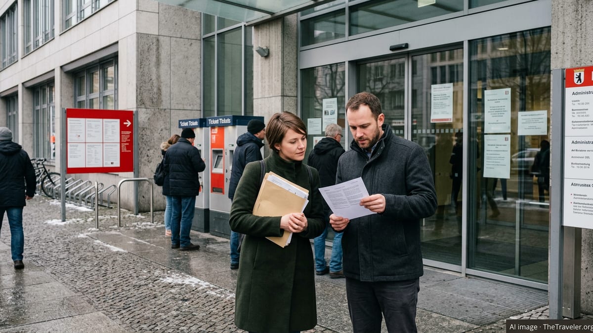 Expats with documents outside a German immigration office, checking their appointment.