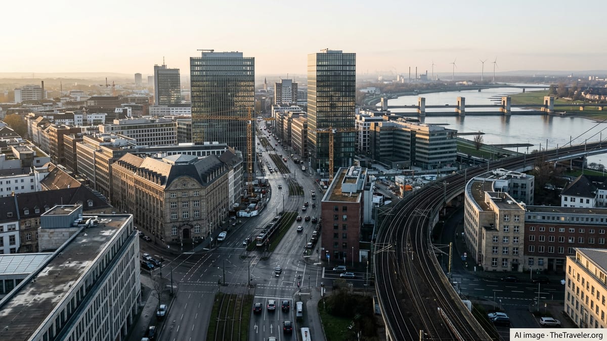 Sunrise cityscape of a German urban skyline with river, infrastructure and mixed old and modern buildings.