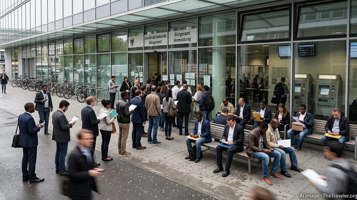 Expats waiting outside a German immigration office with documents for residence permit renewal.