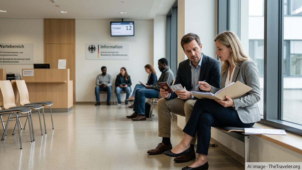 Expats review documents in a German immigration office waiting area with ticket display.