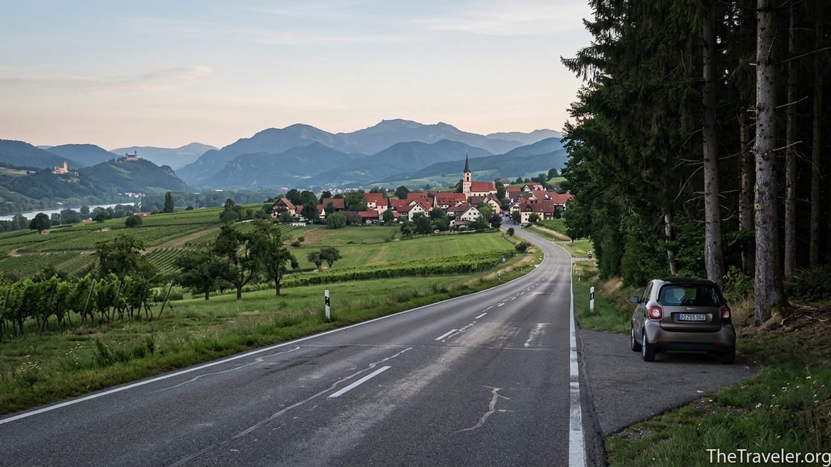 Scenic German country road leading to a Bavarian village with distant Alps and forested hills.