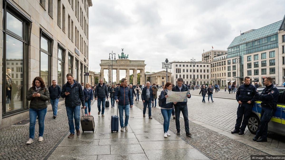 Tourists and locals walking near central Berlin with visible police presence on a calm day.
