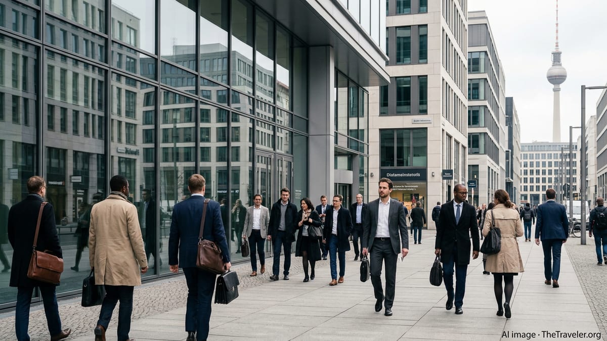 Foreign professionals outside a modern glass office building in Berlin on an overcast day.