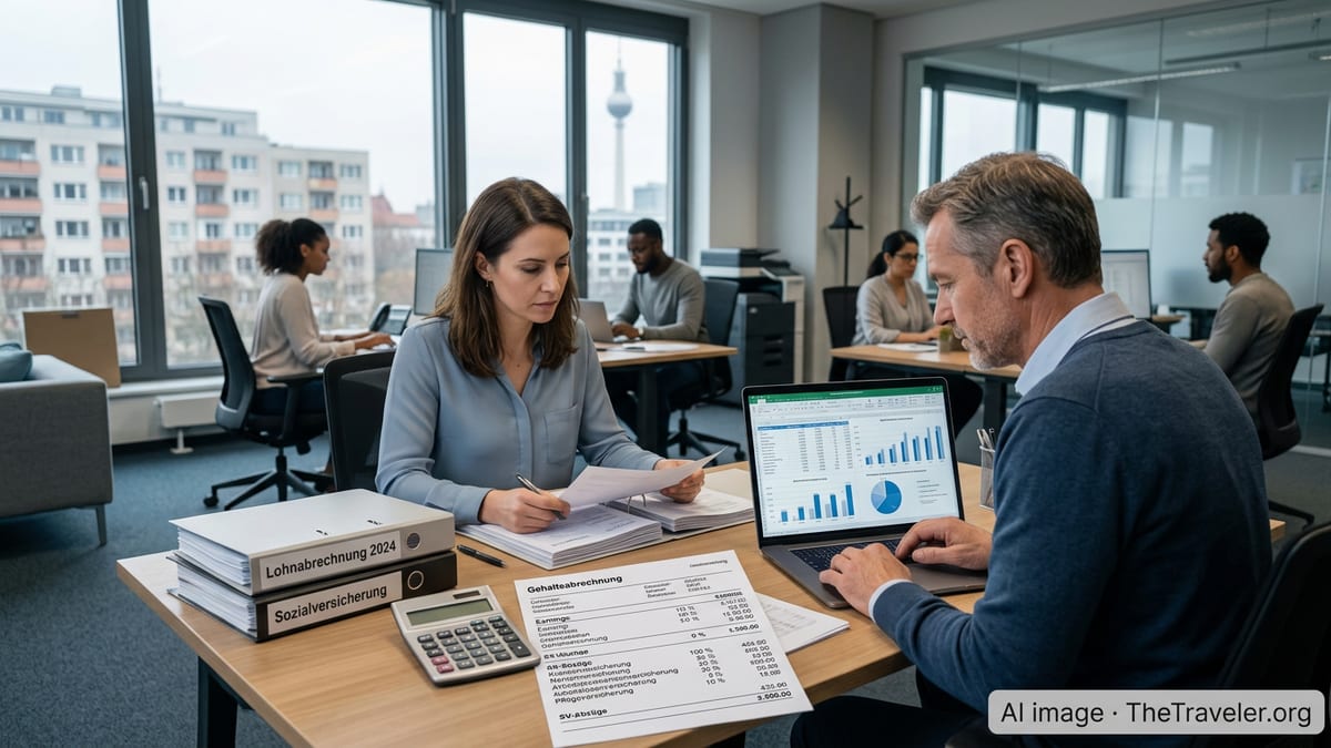 Employees in a German office reviewing payslips showing social security contributions.