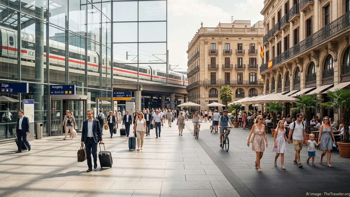 Crowds move through a German rail station merging into a sunny Spanish plaza.
