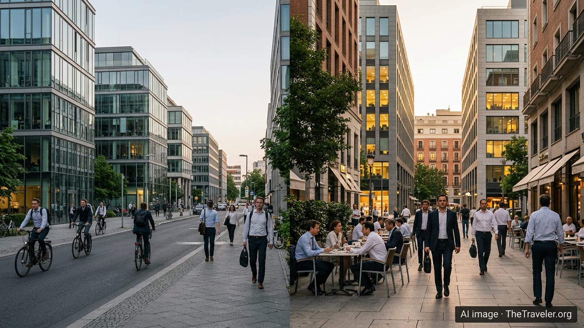Office workers in German and Spanish business districts leaving work in early evening
