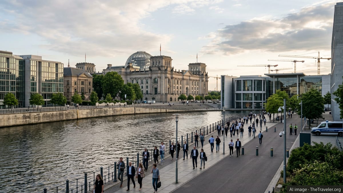 Early evening view of Berlin’s government district with offices, riverfront path and workers walking along the Spree.