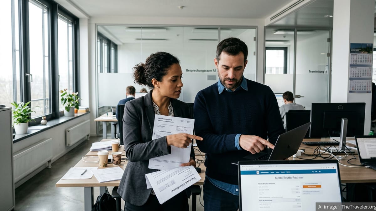 Diverse expat couple in a modern German office reviewing payslips and tax documents.