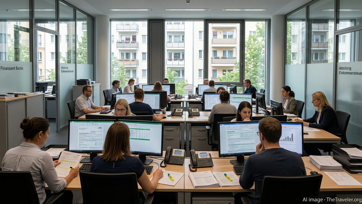 Expats and advisors working at computers in a German tax office with documents and forms.