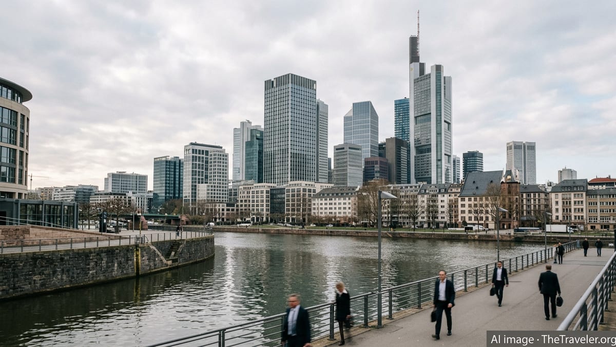 Frankfurt skyline with office towers and business people walking along the Main River