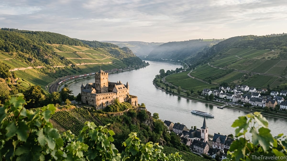 Golden hour view over Germany’s Rhine Valley with vineyards, castle and riverside village