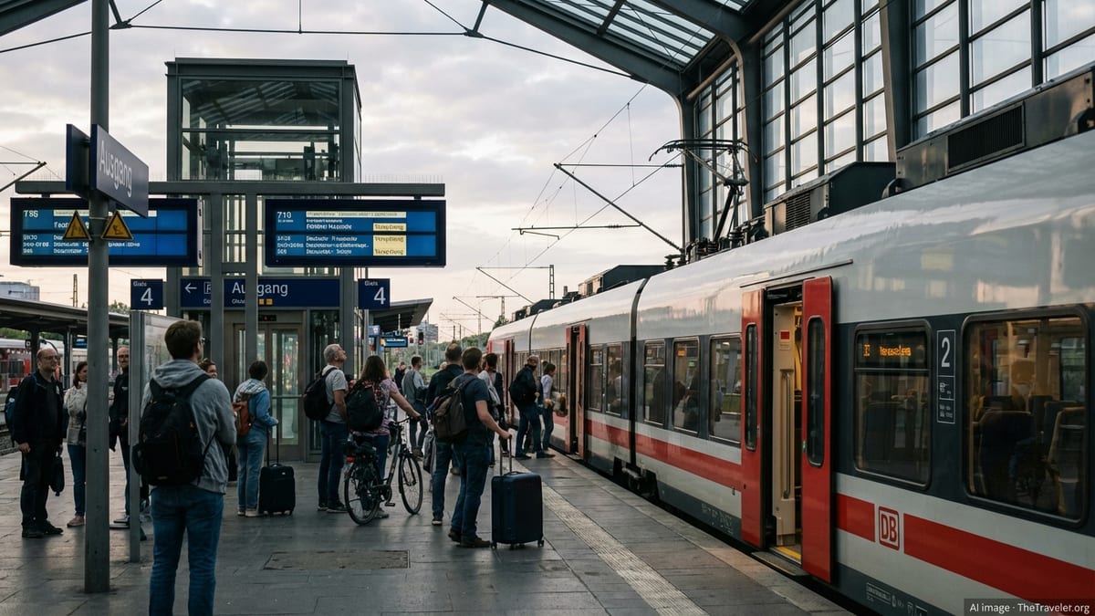 Travelers boarding a regional Deutsche Bahn train at a busy German station platform at dusk.