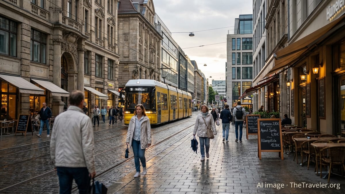Evening street in a German city with tram, cafes and pedestrians