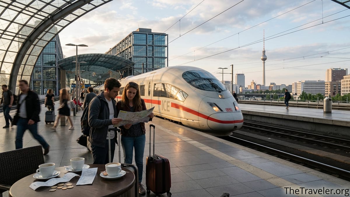 Travelers with luggage budgeting on a platform as an ICE train arrives at Berlin Hauptbahnhof.