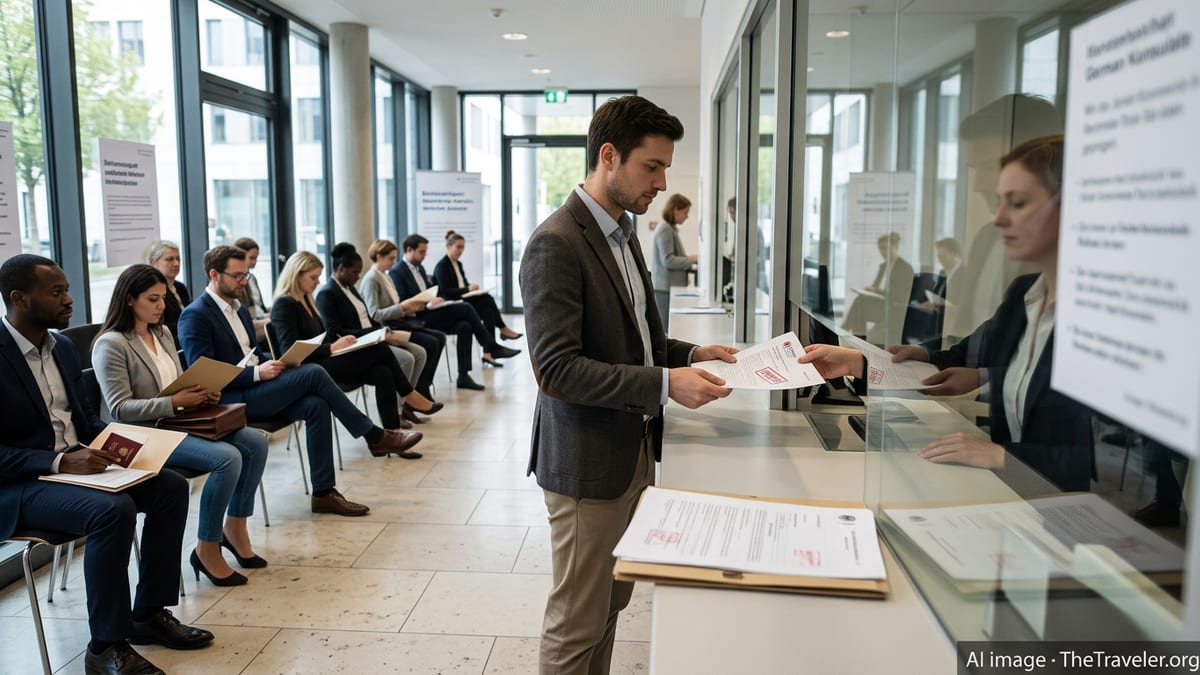 Applicants inside a German consulate waiting area as one person receives a visa refusal letter at the service counter.