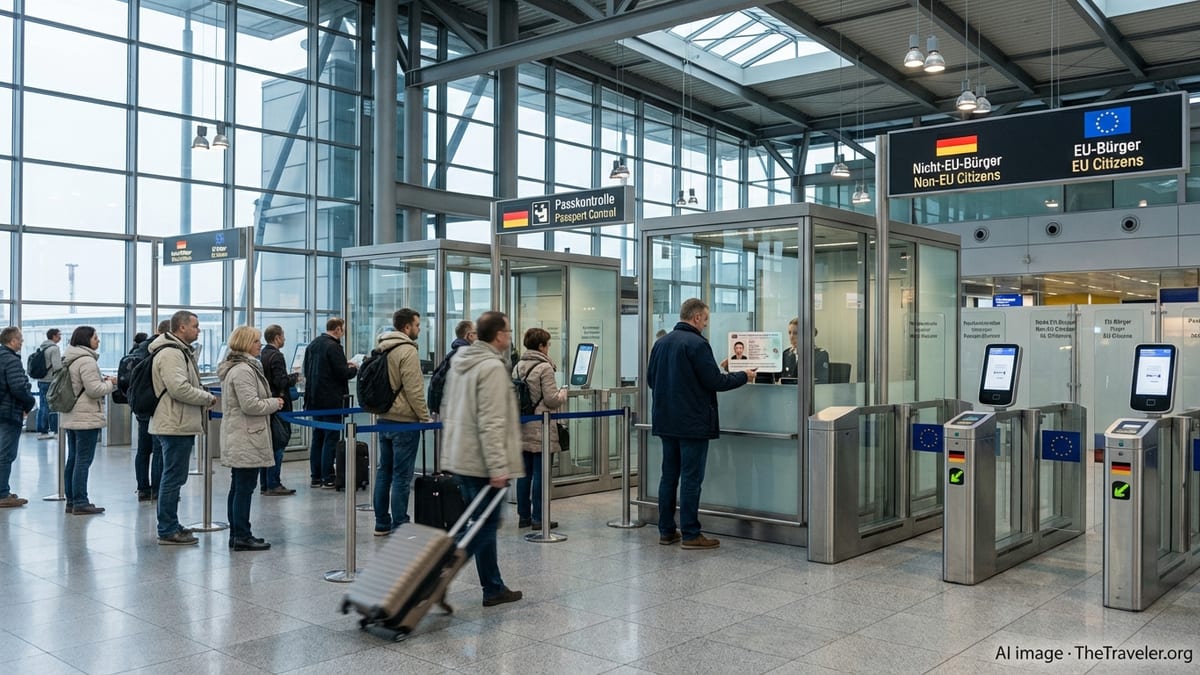 Travelers queue at passport control in Frankfurt Airport, Germany, under bright glass ceilings.
