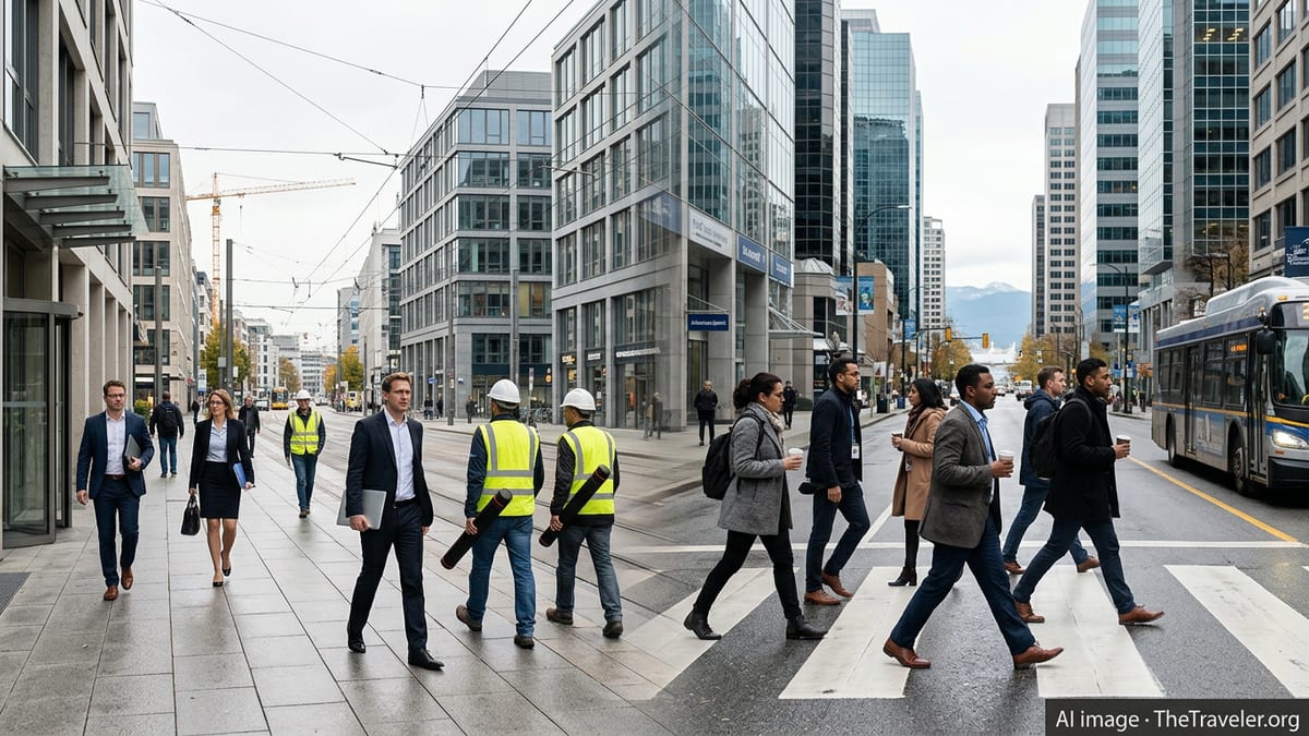 Commuters in German and Canadian business districts reflecting career opportunities in both countries.