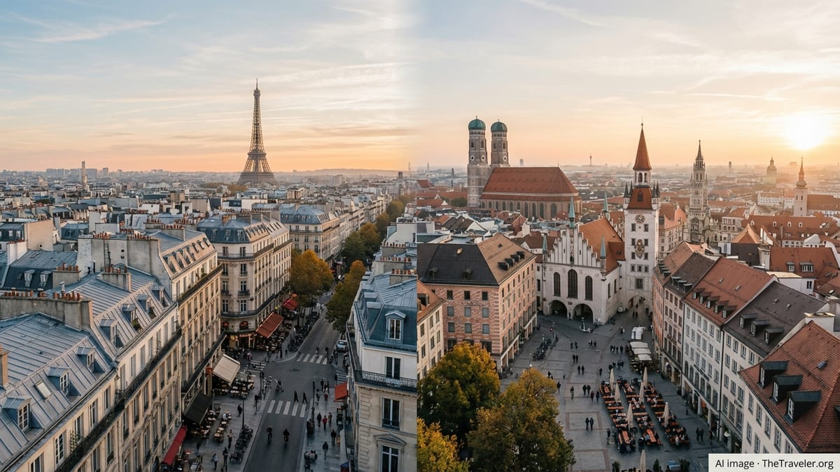Split-view cityscape contrasting Paris with a historic German city at golden hour.