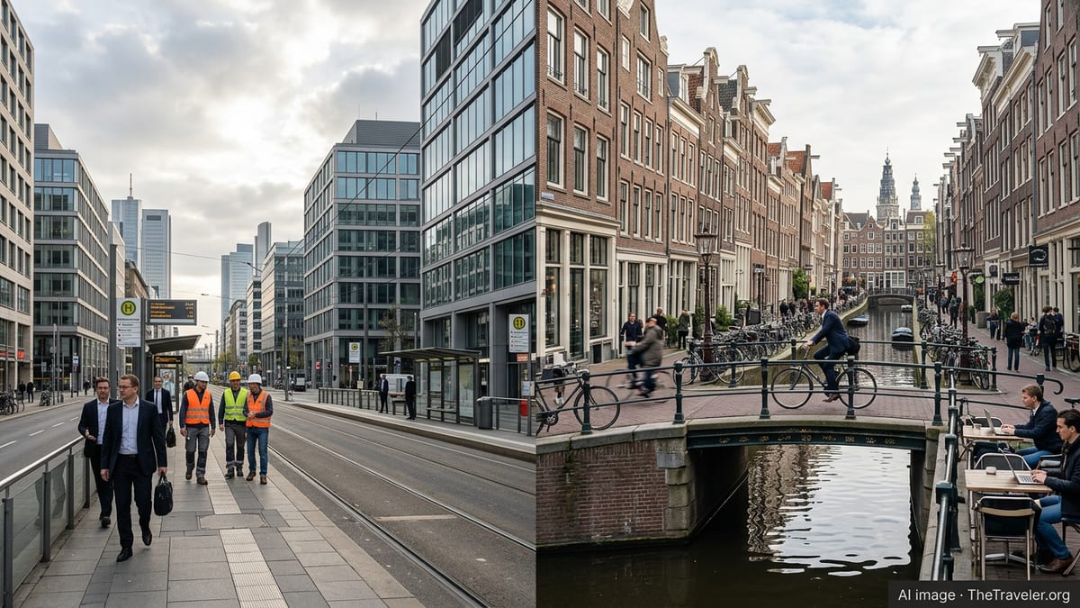 Business districts in Germany and the Netherlands with commuters symbolising expat labour markets.