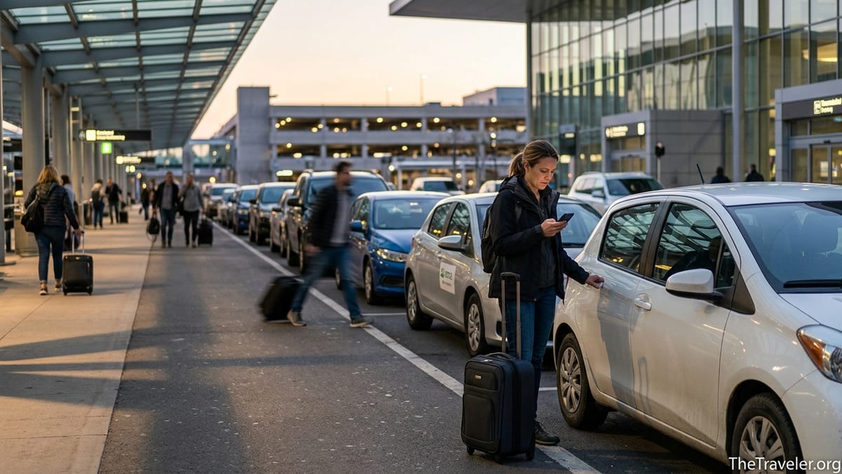 Traveler checking a car rental app beside a white rental car outside a busy airport terminal at dusk.