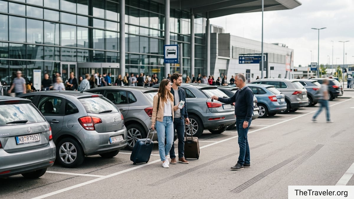 Traveler meeting a local car owner outside an airport to pick up a rented car.