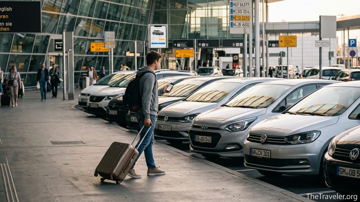 Traveler comparing car rental prices on a phone beside parked cars at a busy airport.