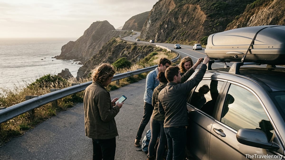 Travelers load luggage into a rented SUV at a scenic coastal highway overlook at sunset.